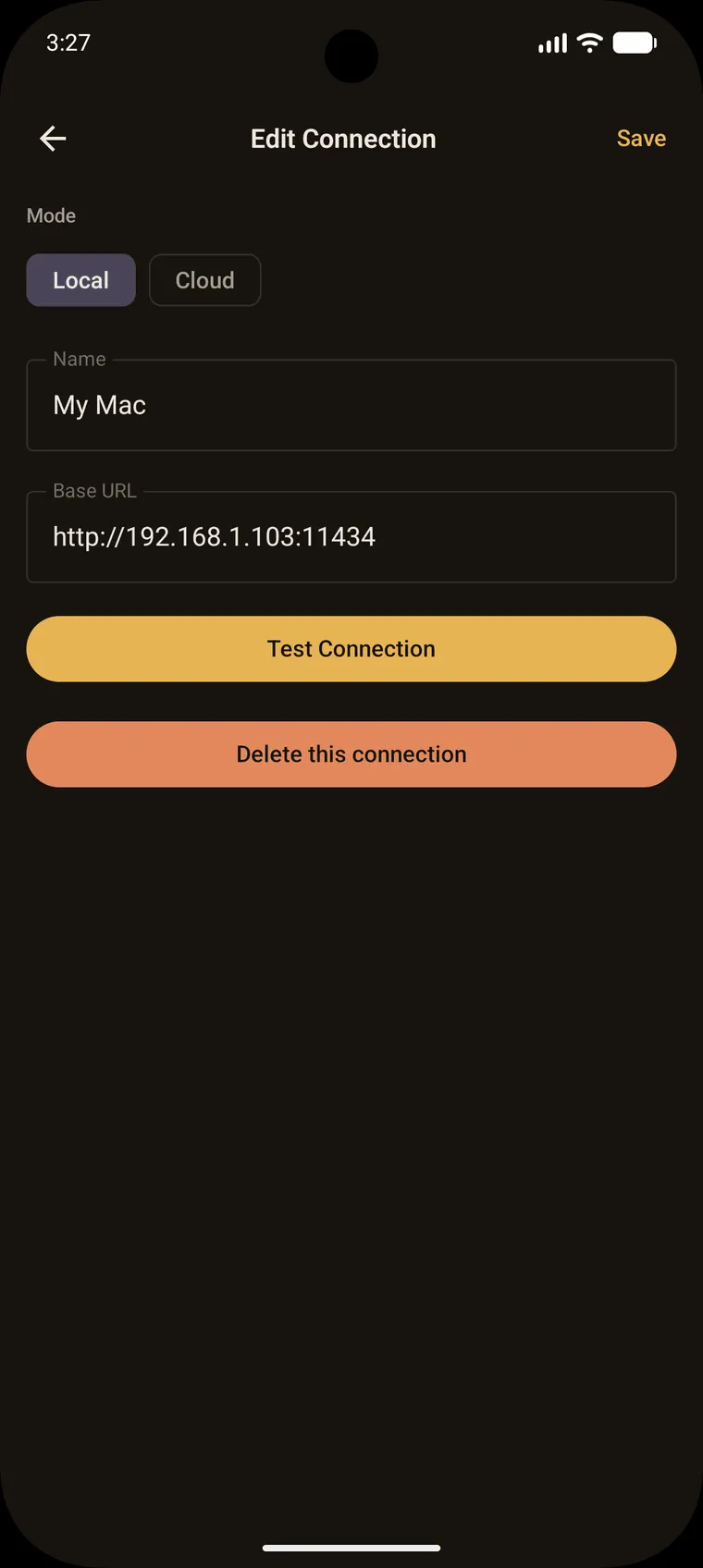 Ollama Mobile Edit Connection screen on Android: Local mode, a name, and the Base URL