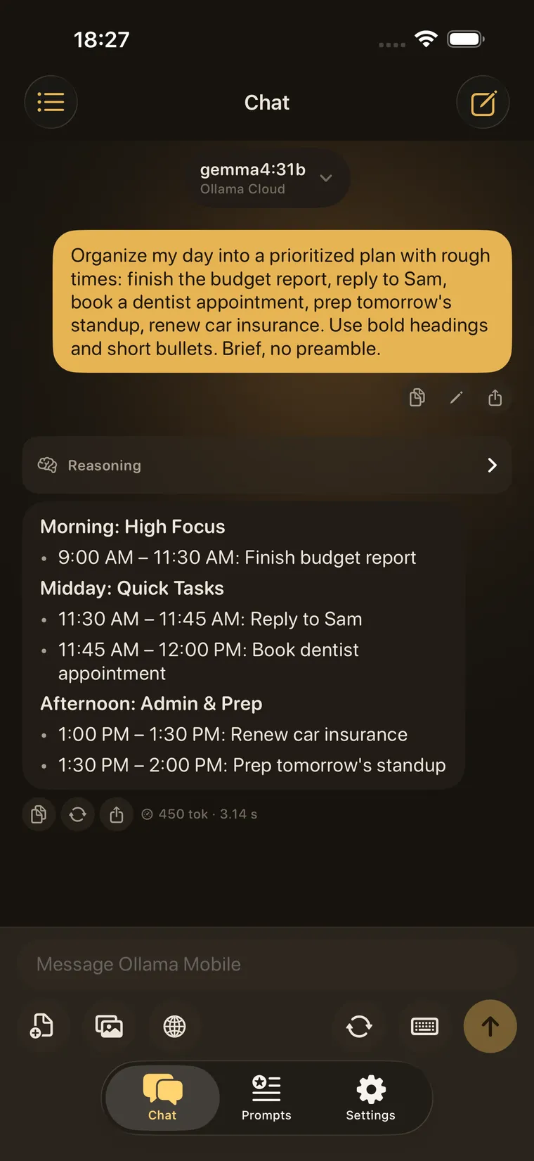 Ollama Mobile chat on iPhone with a model selected